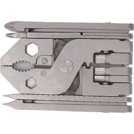 Multiutensile in acciaio fuso, comprendente pinze, cacciavite, penna per carte, spelafili, chiave inglese e utensile pieghevole portatile.