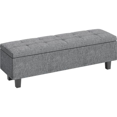 Banc coffre rembourré en lin gris foncé avec pieds en bois, 138 x 40 x 45 cm (1/4)