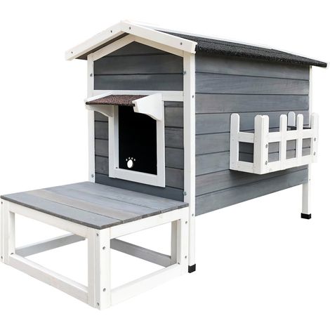 Wiltec Wetterfestes Katzenhaus 73,5 x 48 x 104,5 cm aus Holz, Katzenhütte Outdoor, Lodge Katzenhöhle mit Terrasse und Fluchttür (1/5)