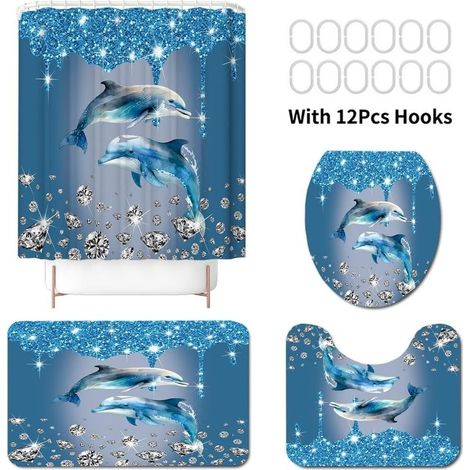 Set de rideau de douche bleu – motif dauphins – avec tapis de bain et housse de WC – 12 crochets inclus (Set 3) (1/5)