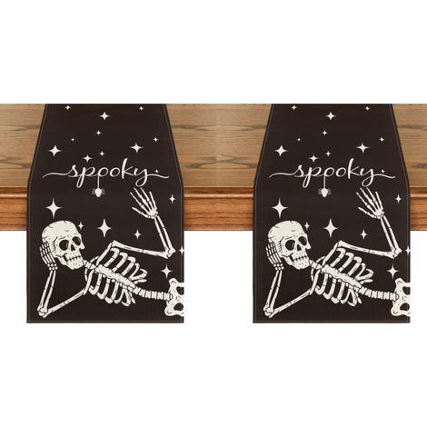 Camino de mesa de Halloween, decoración de mesa para el hogar y fiestas, 33 x 183 cm, diseño de esqueleto y araña terroríficos (2 piezas) (1/5)