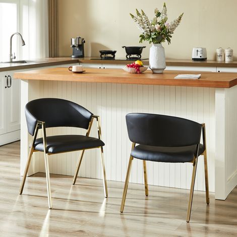 2er Set Esszimmerstühle in Schwarz PU-Leder, Luxuriöser Gold Metallrahmen, Moderner Minimalistischer Stuhl mit Rückenlehne, Geeignet für Esszimmer & Wohnzimmer