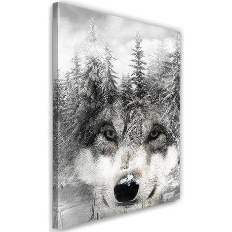 Tableau sur toile Loup Forêt Noir et Blanc 40x60 (1/5)