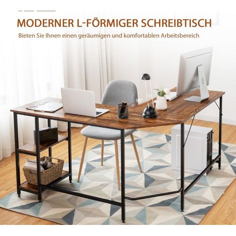 L formiger schreibtisch homeoffice schreibtisch mit 2 ablageflachen 138 x 138 x 755 cm kaffeebraun schwarz 88