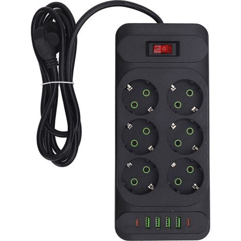 Multipresa a 6 prese + 4 porte USB + 2 porte Type-C con interruttore e cavo da 2 m, montabile a parete (1/5)