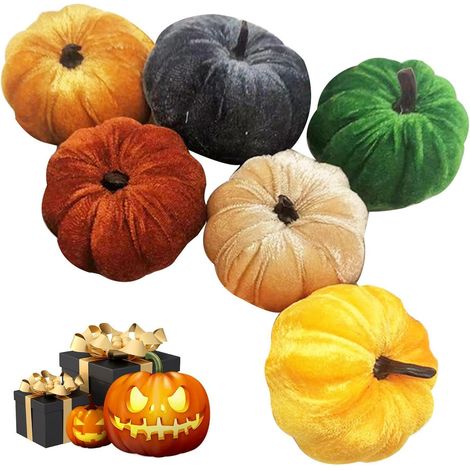Juego de 6 calabazas artificiales de terciopelo de aspecto realista para el Día de Acción de Gracias. (1/5)