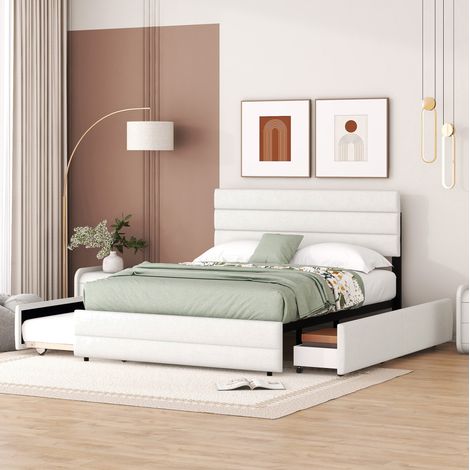 Letto Contenitore 140x200 cm con Letto Estraibile Beige (1/5)
