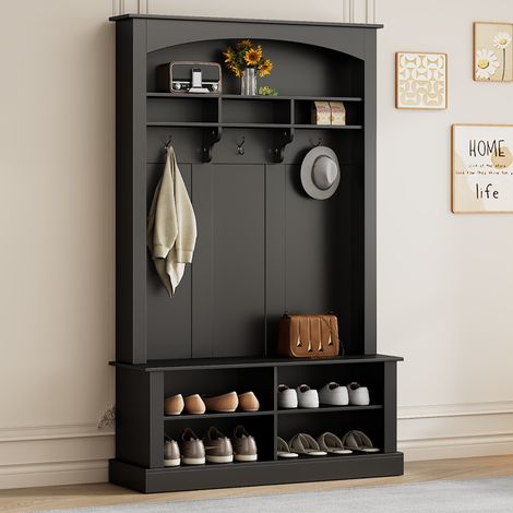 Mobile ingresso 120x40x190 cm nero in truciolare con panca, appendiabiti, scarpiera e ripiani regolabili (1/5)