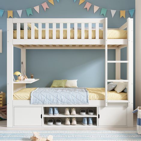 LINHOO Lit Superposé Enfant 90x200 cm avec Bureau Rabattable, Rangement Intégré, Design Sécurisé (1/4)