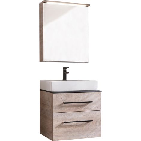 Fackelmann OXFORD Badmöbel Set 4 Teile / Keramik Waschbecken / Waschbeckenunterschrank mit 2 Schubladen / LED-Spiegelschrank / Waschtischplatte Schwarz / Korpus & Front: Braun hell / Breite ca. 60 cm" (1/5)