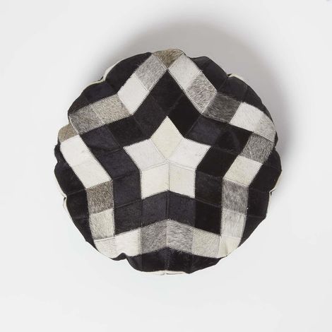 HOMESCAPES Fellkissen rund 40 cm - Patchwork Kissen Stern aus Fell & Leder creme-grau-schwarz