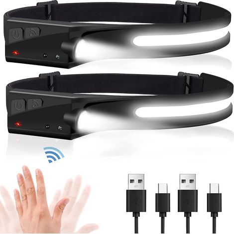 Wiederaufladbare Stirnlampe, 230-mm-LED-Breitstrahler mit Bewegungssensor, wasserdicht, 5 Leuchtmodi, leichtes Kopfband für Schutzhelme, Größe L
