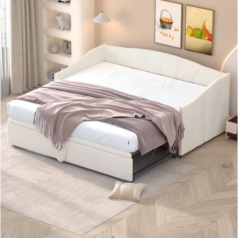 Letto divano imbottito moderno estraibile 90x200/180x200 cm in velluto beige con rete a doghe, schienale e braccioli (1/5)