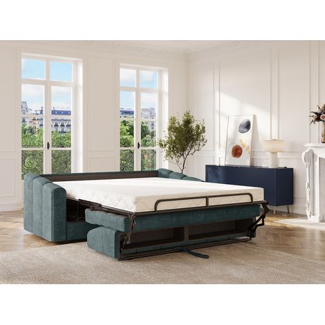 Canapé 3 places convertible express en tissu texturé bleu canard - Couchage 140 cm - Matelas 14 cm - DARIELO (1/4)