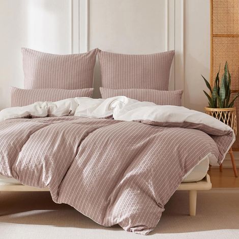 Housse de Couette 240x260 Coton - Jacquard Rayures - Rose (1/5)