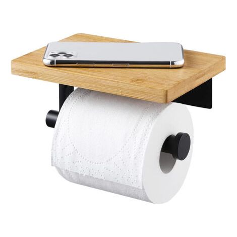 Porte Papier Toilette Adhésif avec Etagère Bambou Porte Rouleau sans perçage en Acier Inoxydable 304