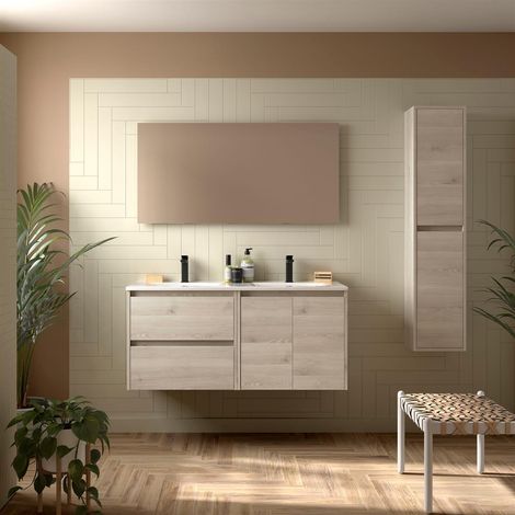 Meubles de salle de bains NOJA 1200 2 portes et 2 tiroirs NATUREL + lavabo + miroir (1/2)