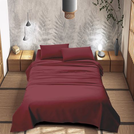 Completo Letto 100% Puro Cotone Set Lenzuola Tinta Unita Lenzuolo Sotto Sopra e Federe Copri Cuscini Biancheria Da Letto Bordeaux - Una piazza e mezza