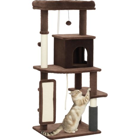 Arbre à chat à griffer 132 cm avec plateformes, poteau à brosse, balles suspendues et tapis à griffer (marron) (1/5)