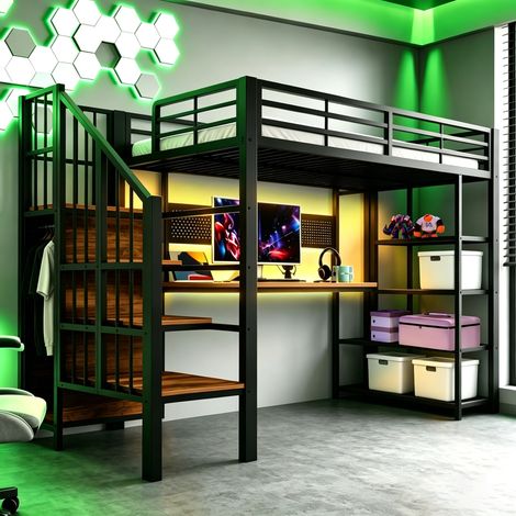 Modernluxe - Lit mezzanine en métal 90x200 cm - Avec bureau et prise électrique - Avec LED - Noir (Matelas non inclus) (1/5)