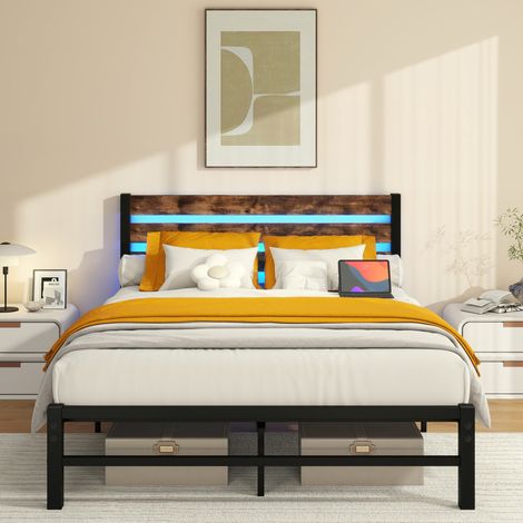 Bett MDF und Metall Antikbraun 120x200 cm mit LED-Beleuchtung und Holz-Kopfteil (1/5)
