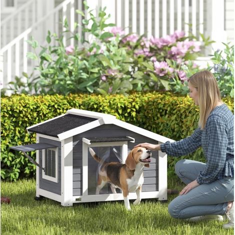 Niche chien extérieure en bois grise avec fenêtre HAVRYA (1/4)