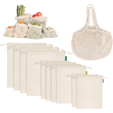 Lot de 11 sacs à fruits et légumes, sacs de courses réutilisables en coton, filets à fruits et légumes sans plastique lavables (2S, 4M, 4L + 1 sac de rangement) (1/5)