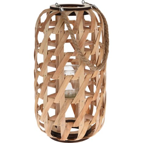 Holzlaterne, minimalistisches Geflecht und Seilgriff (1/5)