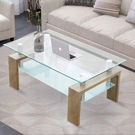 Coffee Table, 100x45x60cm Rectangle Glass Coffee Table, Modern Side Table with Lower Shelf, Brown