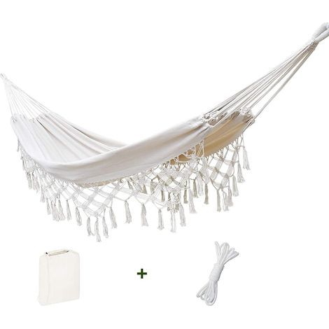 Hamac double pour la maison ou l'extérieur - Pour intérieur et extérieur - En coton doux - Pour deux personnes - Pour terrasse, jardin, porche, pelouse et jardin - Blanc - Charge maximale : 227 kg (1/5)