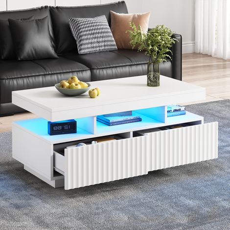 Table basse 100 x 50 x 45 cm avec deux tiroirs, à rayures verticales, thermoformée, table de salon, table basse avec bande lumineuse LED, blanche (1/5)