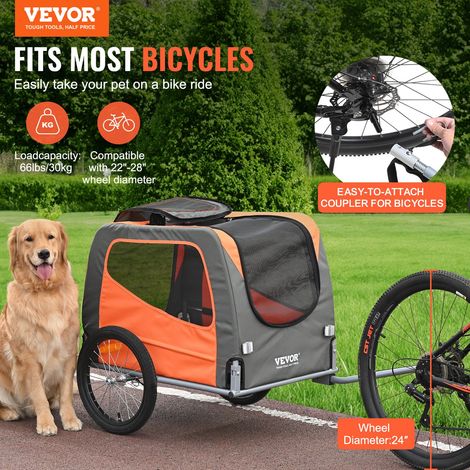 Remorque de Vélo Chien Pliable Charge 30 kg Porte Animaux de Compagnie de Vélo Cadre Facile à Plier avec Roues à Dégagement Rapide, Coupleur de Vélo Universel, Réflecteurs, Drapeau, Orange/Gris (1/5)