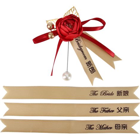 Bouquet de poignet rouge pour mariée, 4 pièces roses artificielles simulation avec ruban prénom, accessoires de mariage pour demoiselle d'honneur (1/5)