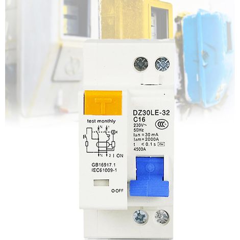 Interrupteur de protection Fi, 16A, AC 230V, 30mA C16 1P+N, montage sur rail DIN, protection contre les surcharges, interrupteur de courant résiduel, avec protection contre les surintensités (1/5)