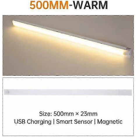 Veilleuse LED ultra-mince sans fil rechargeable par USB avec détecteur de mouvement pour armoire et placard de cuisine (10/20/30/50 cm), 500 mm, blanc chaud (1/5)