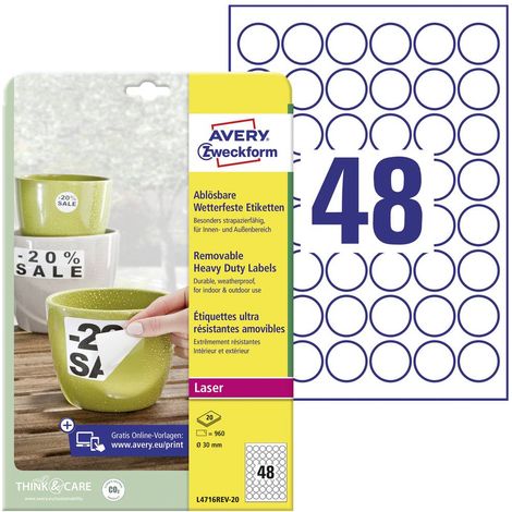 Avery-Zweckform L4716REV-20 Etichetta a pellicola Ø 30 mm Pellicola Bianco 960 pz. Staccabile Stampante laser a colori, (1/5)