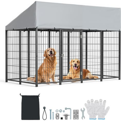 VEVOR Chenil Exterieur 2,4x1,2x1,65 m Enclos pour Chien avec Toit Cage Exterieure pour Grands Chiens Parc Robuste pour Chiens avec Bache PE Resistante aux UV et Impermeable, Verrou de Porte Securise (1/5)