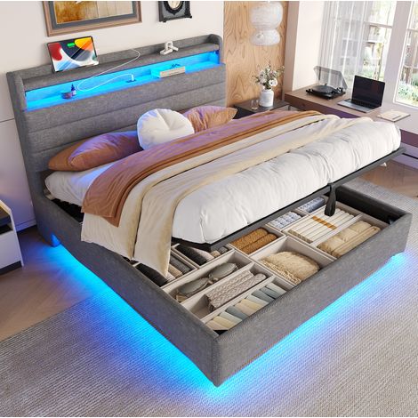 Lit adulte rangement 140x200 LED hydraulique lin gris OKMYHOME (1/5)