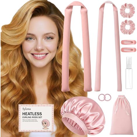Lot de 11 bigoudis sans chaleur, 2 tailles de tiges à friser douces pour femmes, cheveux longs, sans chaleur, avec bonnet pour dormir, boucles de nuit avec chouchous et clips, rose (1/5)