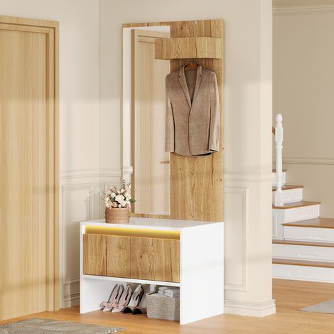 Recibidor con espejo, banco zapatero y 2 cajones, 60 x 38 x 145 cm, blanco/natural OKMYHOME (1/5)