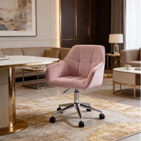 Silla de oficina 40.5x40x86-95 cm rosa en terciopelo y metal con altura regulable y giro 360° (1/5)