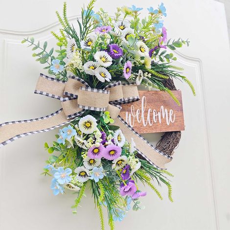 Guirlande Printemps - Guirlande Porte Fleurie avec Nœud Marguerite - Décoration Extérieure Intérieure - 1 Pièce (1/5)