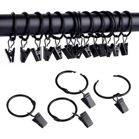25 pièces anneaux de rideaux avec pinces, crochets métal noir, 38 mm, charge 6 kg, pour rideaux de douche et fenêtre