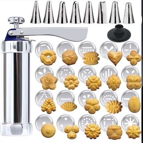 Máquina para hacer galletas, Juego de acero inoxidable para hacer galletas con 20 discos y 8 boquillas, pasteles y postres (1/4)