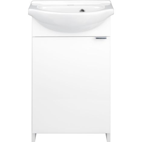 Meuble de salle de bains avec vasque de 40 cm, sur pied, blanc, avec siphon et robinet chromé, Kredo (1/5)