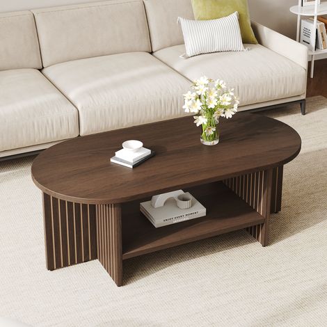 Table basse ovale 100x40x35 cm en MDF, table de salon avec compartiment de rangement, table d'appoint, table console, table basse, table à thé, table basse au design moderne rainuré pour le salon (1/5)
