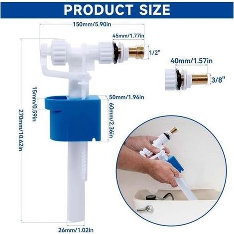 Flotteur Chasse D'eau WC pour Chasse D'eau G3/8" et G1/2", Mecanisme Robinet Chasse D'eau WC Réglable, Raccord D'alimentation Latéral, Quantité d'eau réglable (1/5)