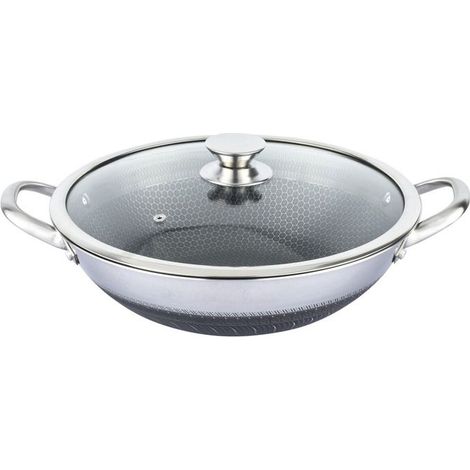Wok 36cm - CHEFFINGER - Nid d'Abeille - Inox 18/10 - Couvercle en Verre - Anti-rayures (1/5)