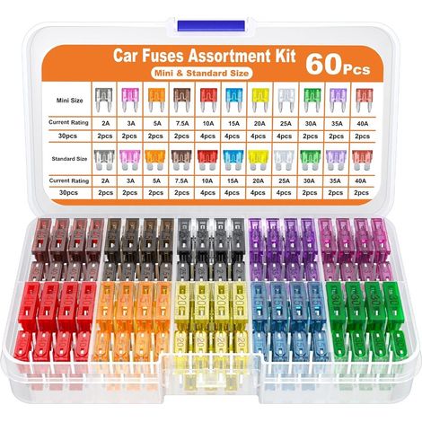 60Pcs Fusible Voiture Set (2A 3A 5A 7.5A 10A 15A 20A 25A 30A 35A 40A) -30 Mini Fusible Auto + 30 Moyenne Fusible Automobile + 1Extracteur (1/5)