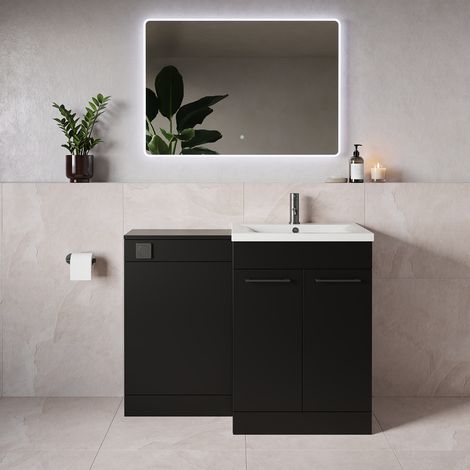 Napoli 460 Matt Black 1100mm 2 Door Vanity Unit Toilet Suite with Glide Basin - 1100mm - Gunmetal Grey 160mm HandleWithout Kingston Toilet Pan